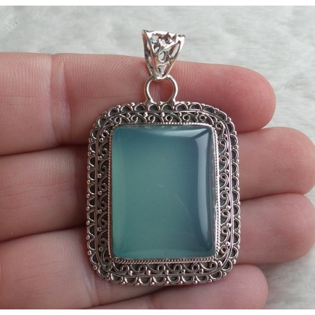 Zilveren hanger rechthoekige aqua Chalcedoon bewerkte setting