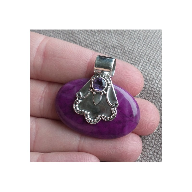 Zilveren hanger met dwarsliggende ovale paarse Turkoois en Ameth