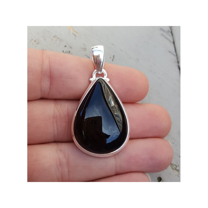 Zilveren hanger met druppelvorm cabochon zwarte Onyx