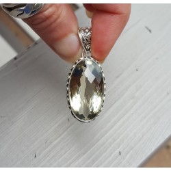 Zilveren hanger ovale facet groene Amethist in bewerkte setting