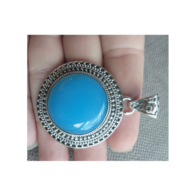 Zilveren hanger met ronde blauwe Chalcedoon bewerkte setting