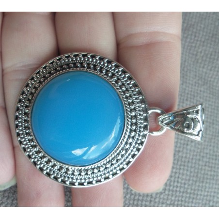 Zilveren hanger met ronde blauwe Chalcedoon bewerkte setting