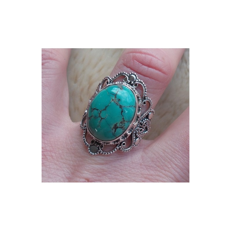 Zilveren ring met Tibetaanse Turkoois bewerkte setting 17.3 mm