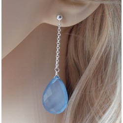 Zilveren oorbellen met grote blauw Chalcedoon briolet