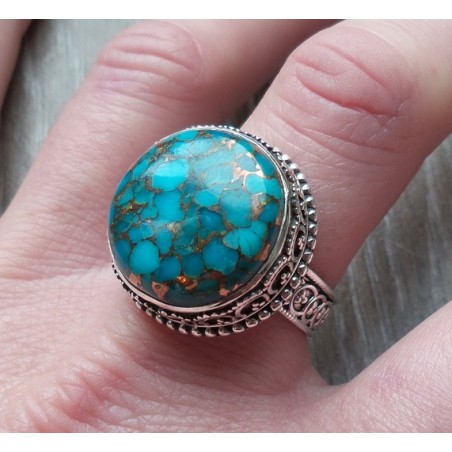 Zilveren ring ronde koper blauw Turkoois in bewerkte setting 19