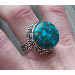 Zilveren ring ronde koper blauw Turkoois in bewerkte setting 19