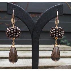 Vergulde oorbellen bollen van kristallen en Smokey Topaas briole