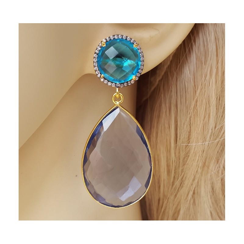 Vergulde oorbellen met blauw Topaas en Ioliet quartz