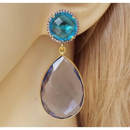 Vergulde oorbellen met blauw Topaas en Ioliet quartz