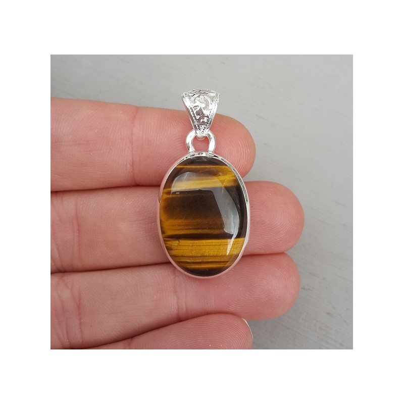 Zilveren edelsteenhanger gezet met cabochon Tijgeroog