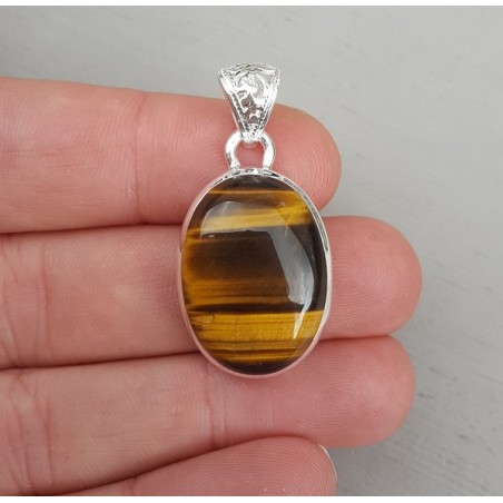 Zilveren edelsteenhanger gezet met cabochon Tijgeroog
