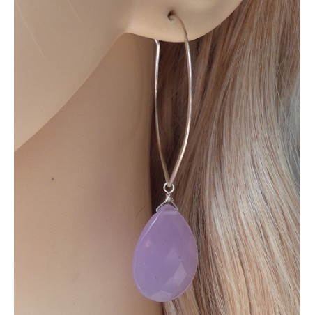 Zilveren oorbellen / creolen met facet paarse Chalcedoon briolet