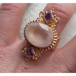 Vergulde zilveren ring gezet met Rozenkwarts en Amethist 17.3 mm