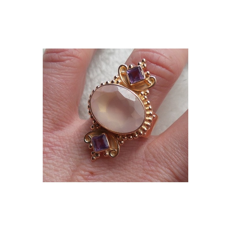 Vergulde zilveren ring gezet met Rozenkwarts en Amethist 17.3 mm