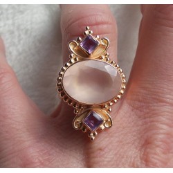Vergulde zilveren ring gezet met Rozenkwarts en Amethist 17.3 mm