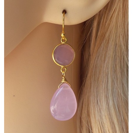 Vergulde oorbellen Chalcedoon briolet en facet Chalcedoon