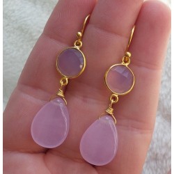 Vergulde oorbellen Chalcedoon briolet en facet Chalcedoon