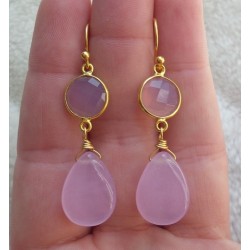 Vergulde oorbellen Chalcedoon briolet en facet Chalcedoon
