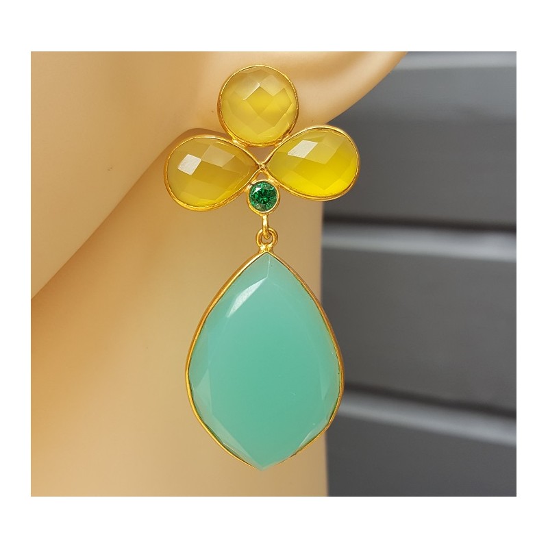 Vergulde oorbellen met gele en Chrysopraas groene Chalcedoon