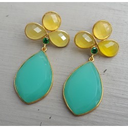 Vergulde oorbellen met gele en Chrysopraas groene Chalcedoon