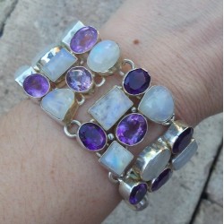 Zilveren armband gezet met regenboog Maansteen en Amethisten