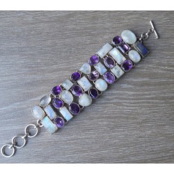 Zilveren armband gezet met regenboog Maansteen en Amethisten