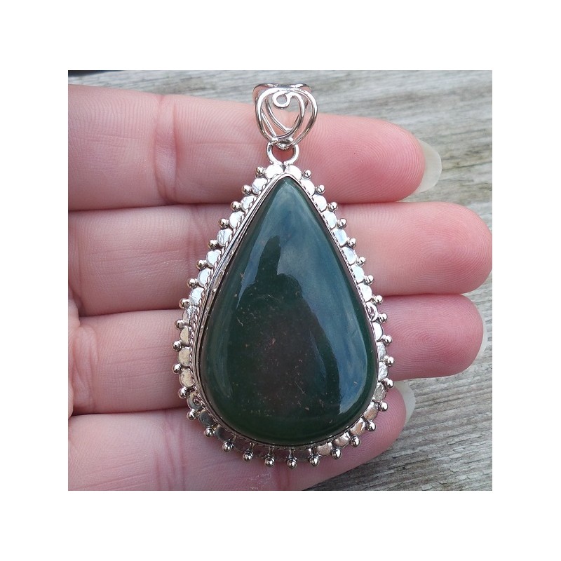 Zilveren hanger druppelvorm Nephriet Jade bewerkte setting
