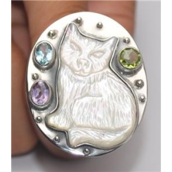 Zilveren edelsteen ring kat uit Parelmoer maat 19 mm