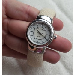 Zilveren horloge / armband van crème Roggenleer