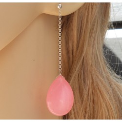 Zilveren lange oorbellen met roze Jade briolet