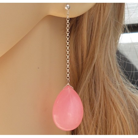 Zilveren lange oorbellen met roze Jade briolet