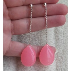 Zilveren lange oorbellen met roze Jade briolet
