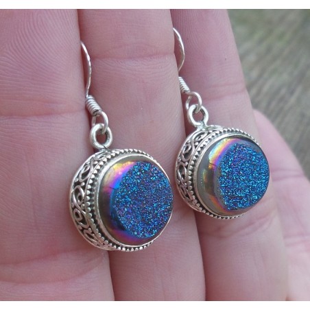 Zilveren oorbellen ronde druzy Titanium in bewerkte setting
