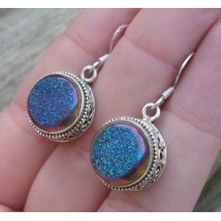 Zilveren oorbellen ronde druzy Titanium in bewerkte setting
