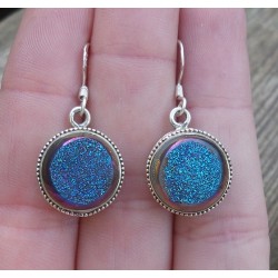Zilveren oorbellen ronde druzy Titanium in bewerkte setting
