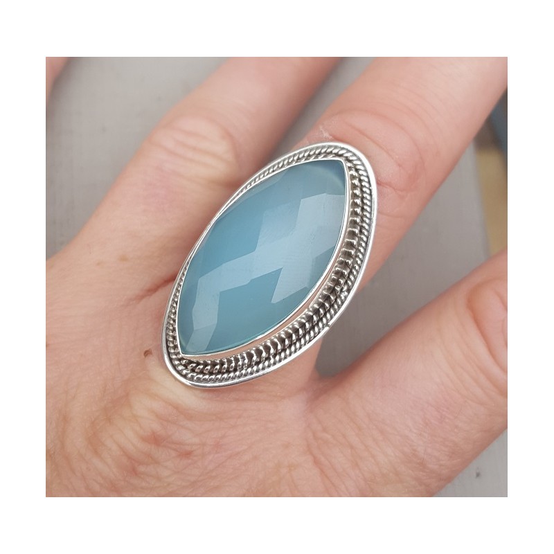 Zilveren ring gezet met marquise facet aqua Chalcedoon 17.3