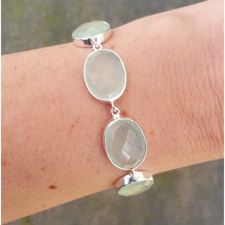 Zilveren armband gezet met ovale facet aqua Chalcedoon schak