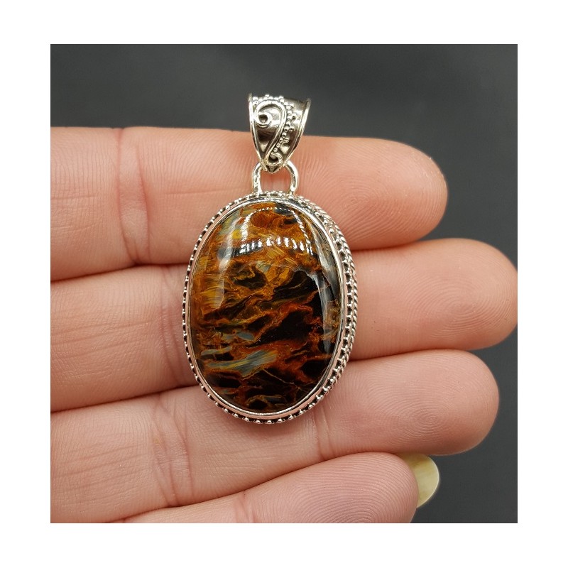 Zilveren hanger ovale cabochon Pietersiet in bewerkte setting
