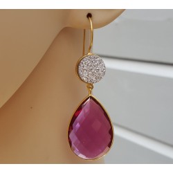Vergulde oorbellen roze Toermalijn quartz en druzy Titanium