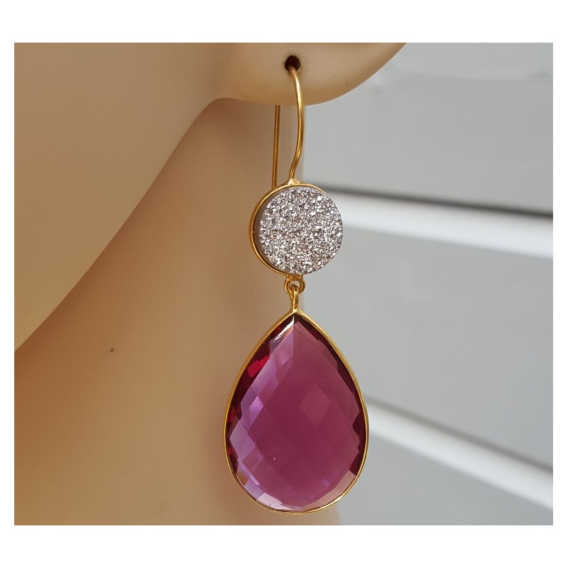 Vergulde oorbellen roze Toermalijn quartz en druzy Titanium