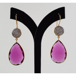 Vergulde oorbellen roze Toermalijn quartz en druzy Titanium