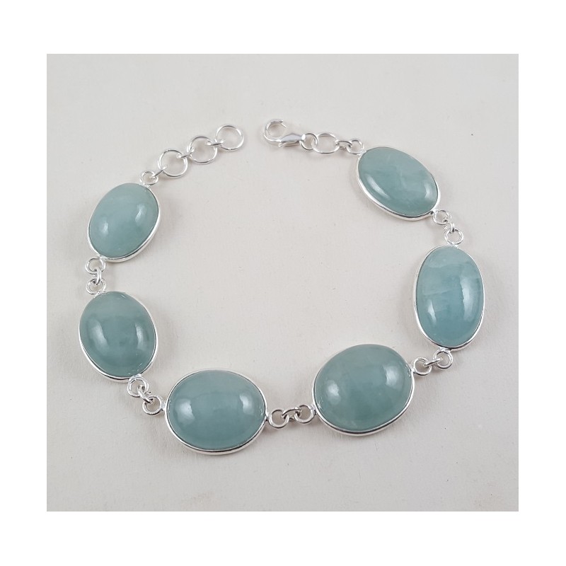 Zilveren armband gezet met cabochon geslepen Aquamarijn