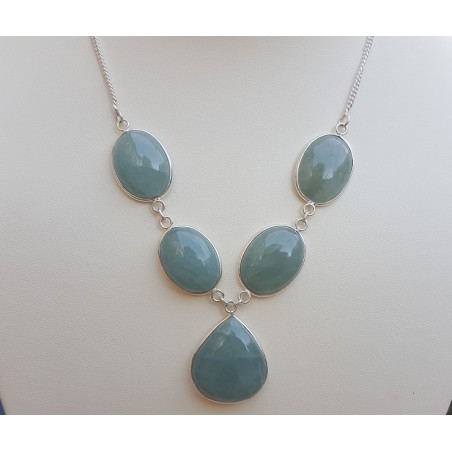 Zilveren ketting gezet met cabochon geslepen Aquamarijn
