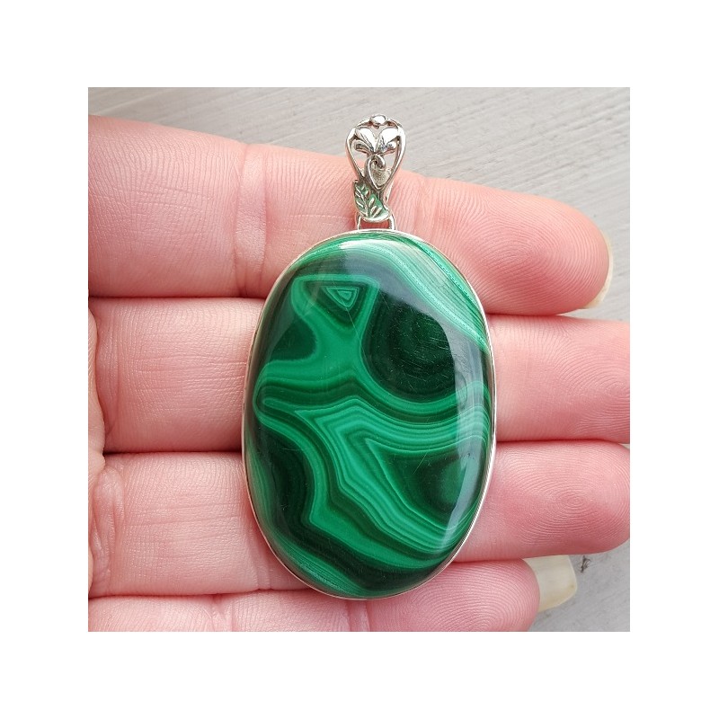 Zilveren hanger ovale grote cabochon Malachiet
