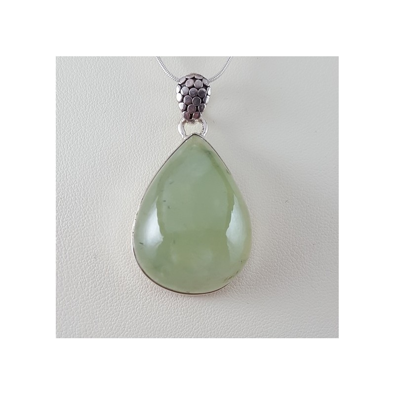 Zilveren hanger druppelvormige cabochon Prehniet