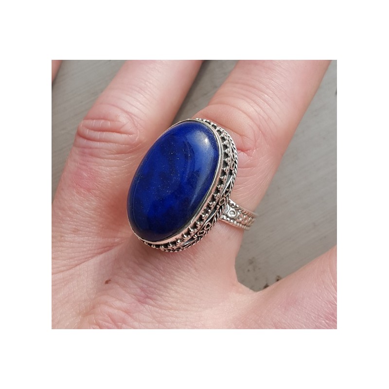Zilveren ring ovale cabochon Lapis in bewerkte setting 18.5 mm