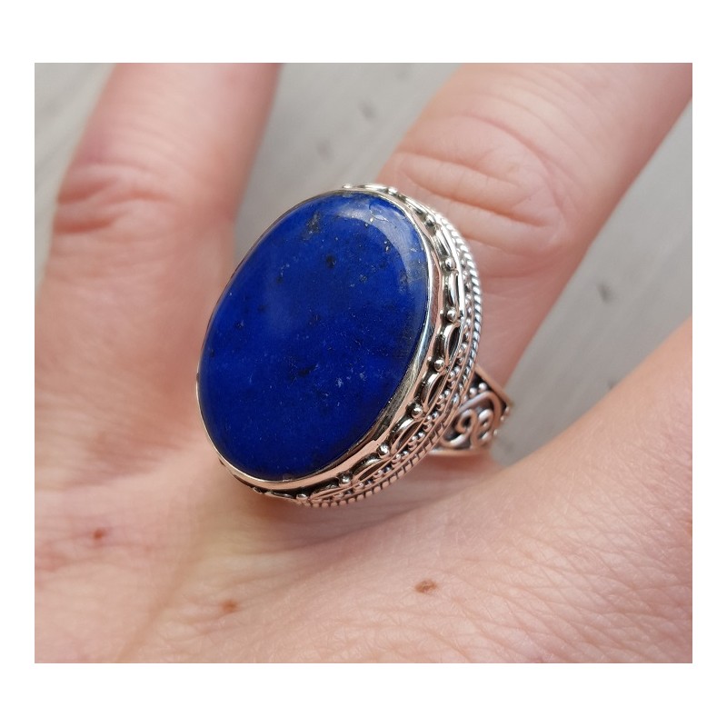 Zilveren ring ovale cabochon Lapis in bewerkte setting 17.3 mm