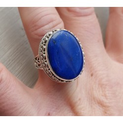 Zilveren ring ovale cabochon Lapis in bewerkte setting 17.3 mm