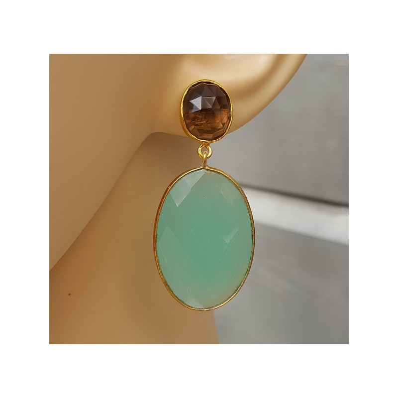 Vergulde oorbellen ovale Chalcedoon en Smokey Topaas