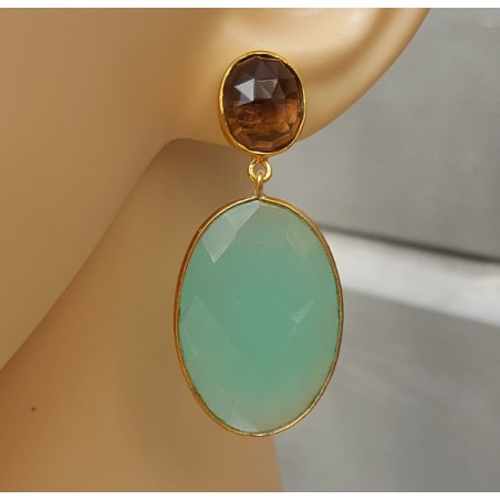 Vergulde oorbellen ovale Chalcedoon en Smokey Topaas